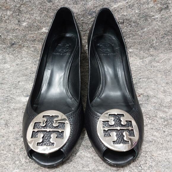 Tory Burch Selma Open Toe Wedge Women's Size 9.5 Black Leather Slip-On Designer - Picture 3 of 9